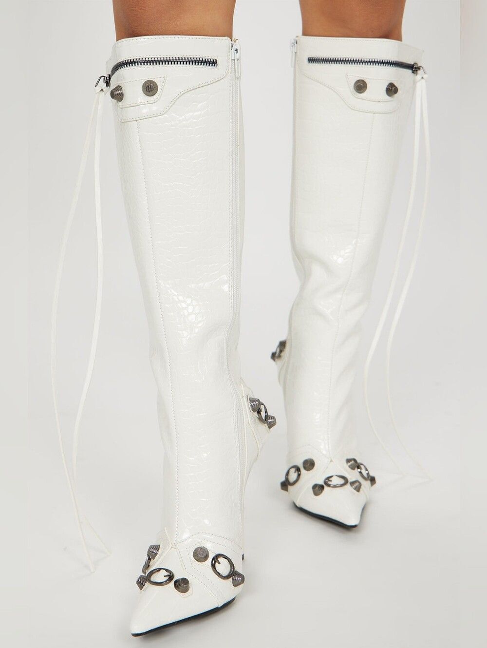 (D-4830) Women's White Knee - High Pointed Stiletto Boots Sz 8
